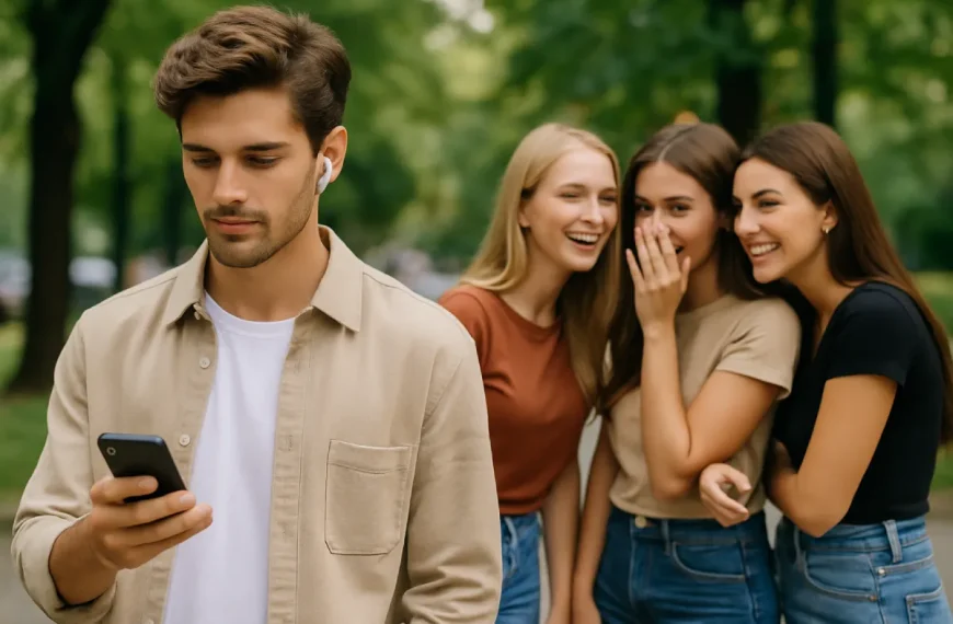 Amigas jóvenes notan señales de atracción hacia un chico distraído que camina leyendo su móvil.