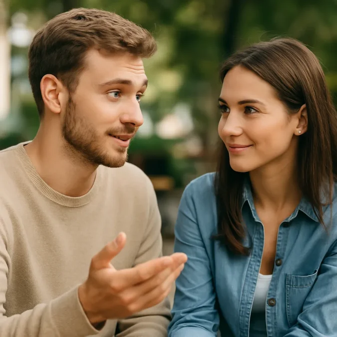 Pareja joven compartiendo una mirada de complicidad en un parque